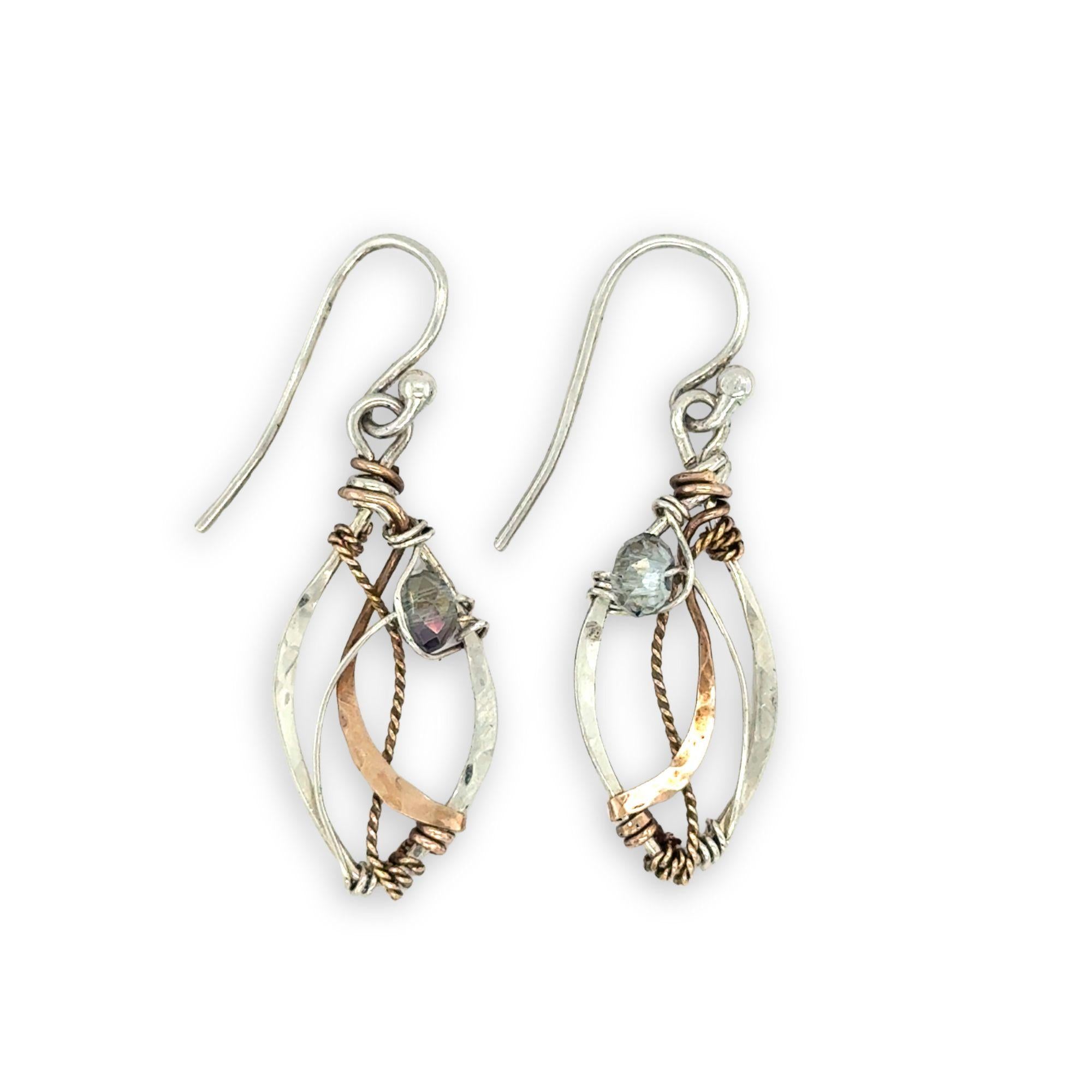 tiny sterling silver marquise earrings with blue crystal wrapped in bronze and brass twist wires