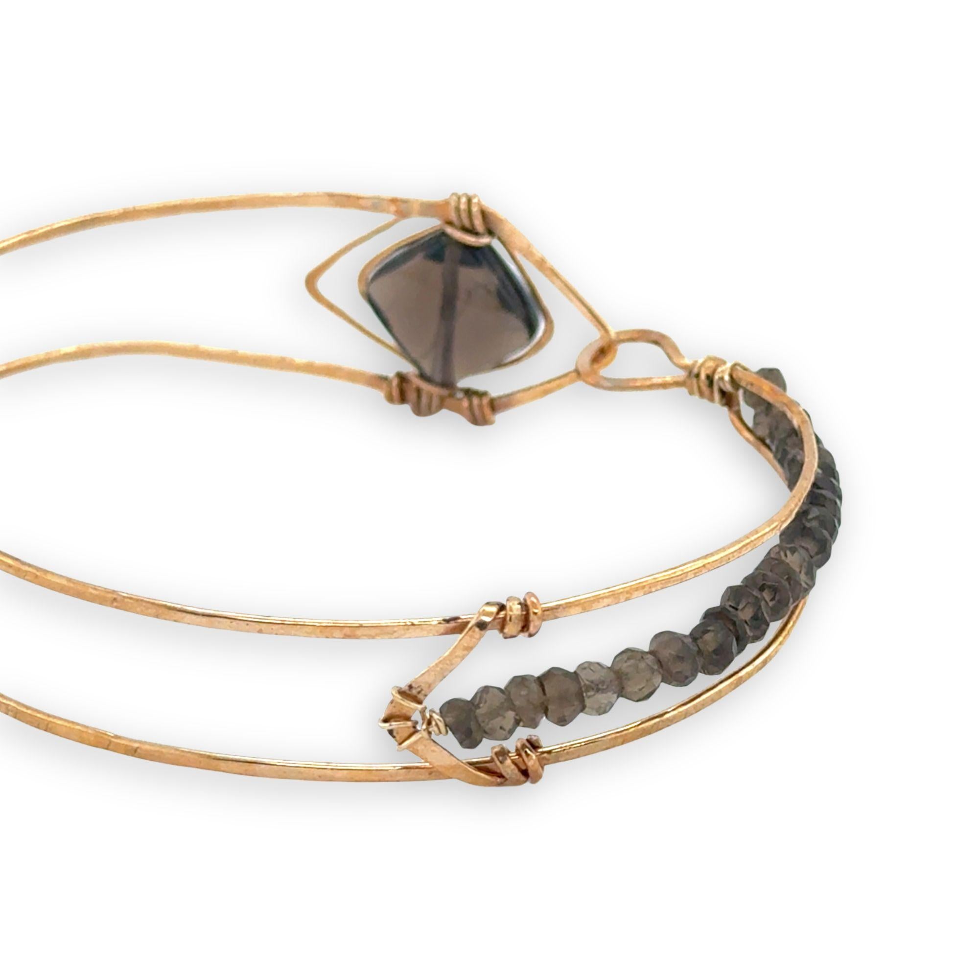 Brass arrow shaped cuff bracelet with faceted smokey quartz gemstones and tile