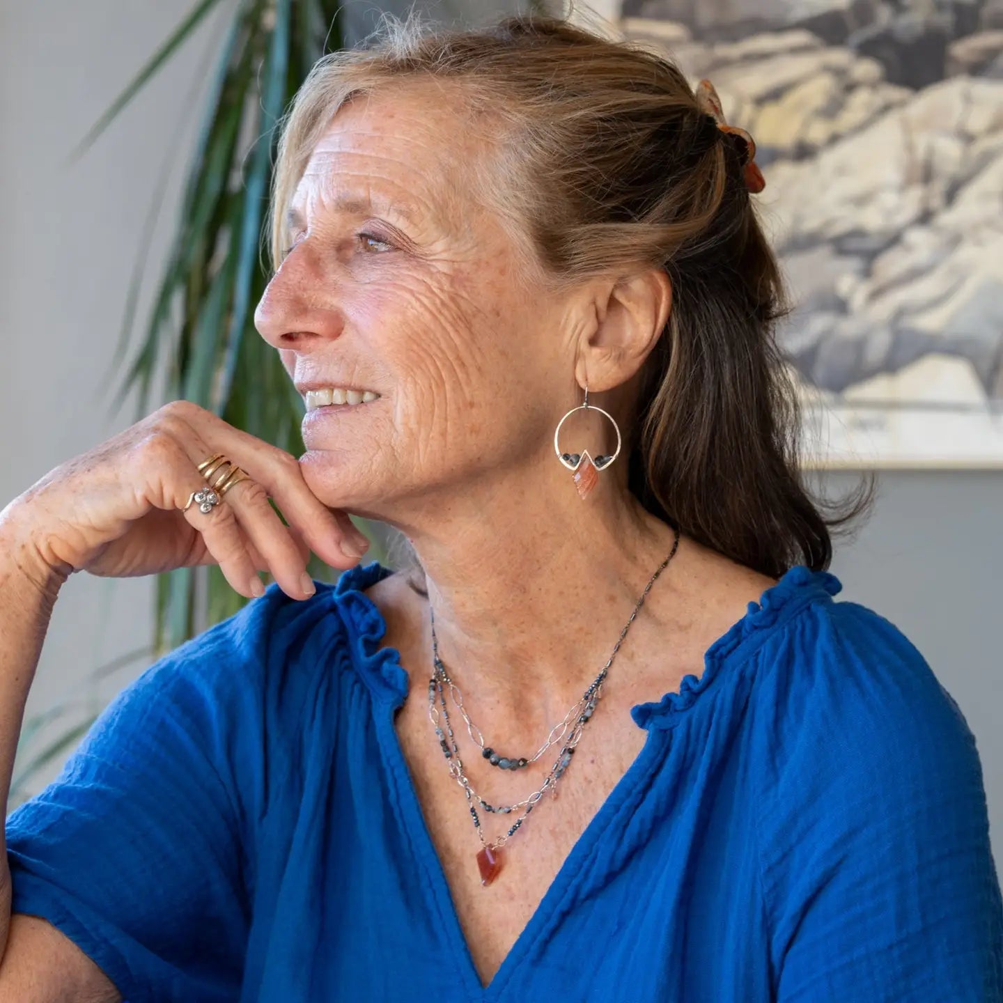 Innovative sterling silver lightweight hoops earrings with aquamarine and sunstone gemstones