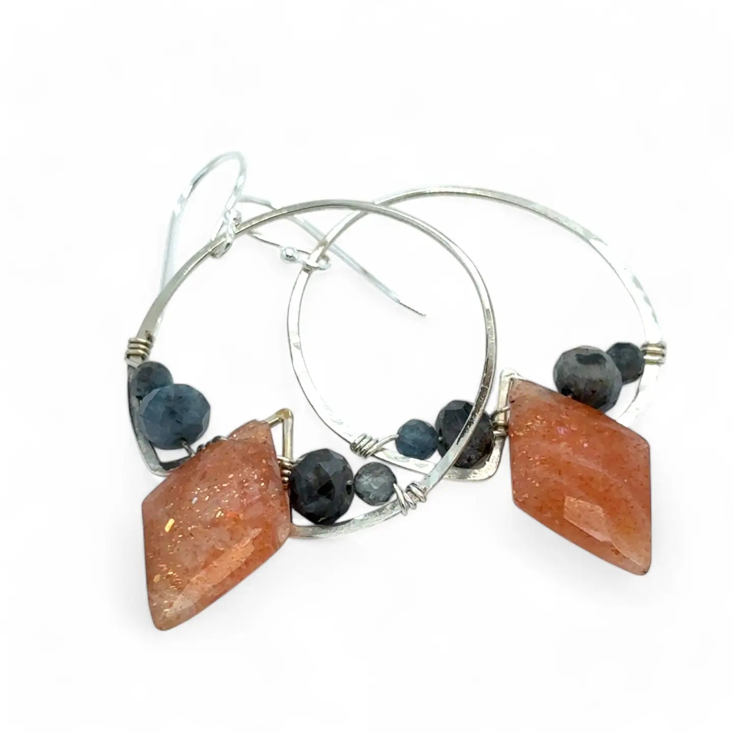 Innovative sterling silver lightweight hoops earrings with aquamarine and sunstone gemstones