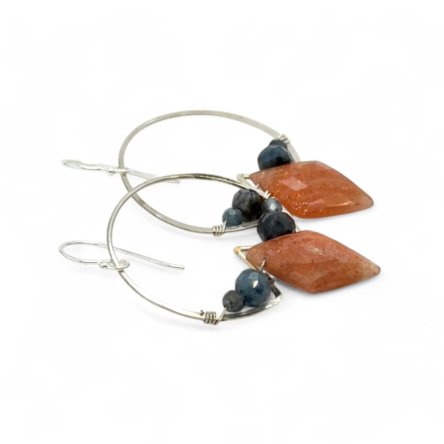 Innovative sterling silver lightweight hoops earrings with aquamarine and sunstone gemstones