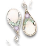 Sterling silver twisted wire drop earrings with white jade drops, lavender cubic zirconia and emerald cube gemstones on a textured link