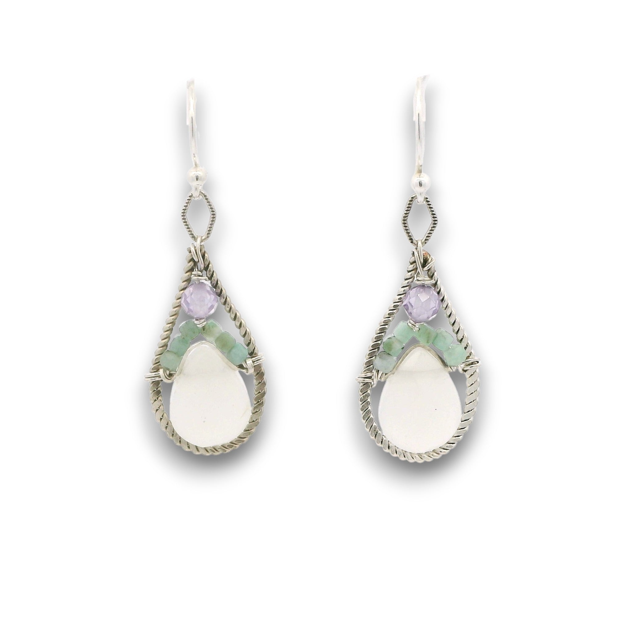 Sterling silver twisted wire drop earrings with white jade drops, lavender cubic zirconia and emerald cube gemstones on a textured link