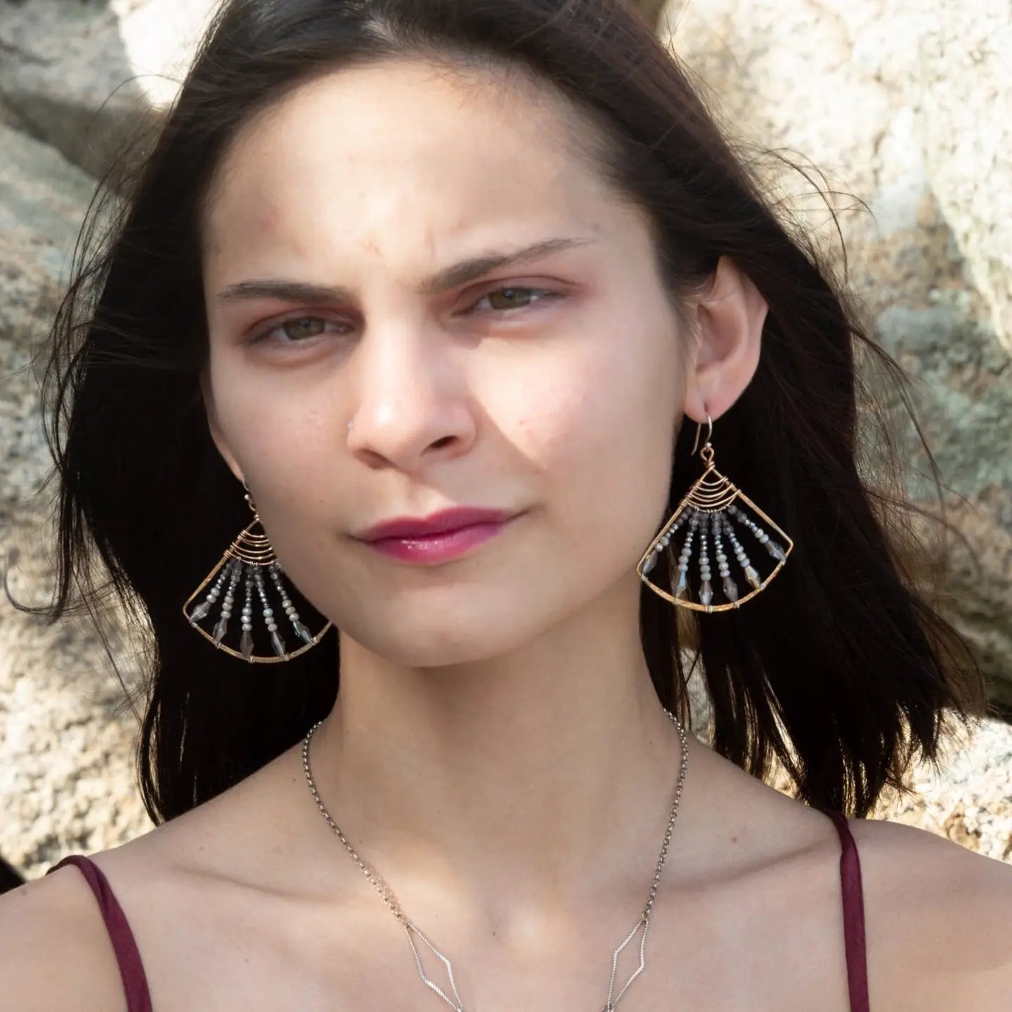 Handmade bronze large fan earrings striped with grey crystal, pyrite, and tourmalinated quartz gemstones