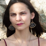 Handmade bronze large fan earrings striped with grey crystal, pyrite, and tourmalinated quartz gemstones