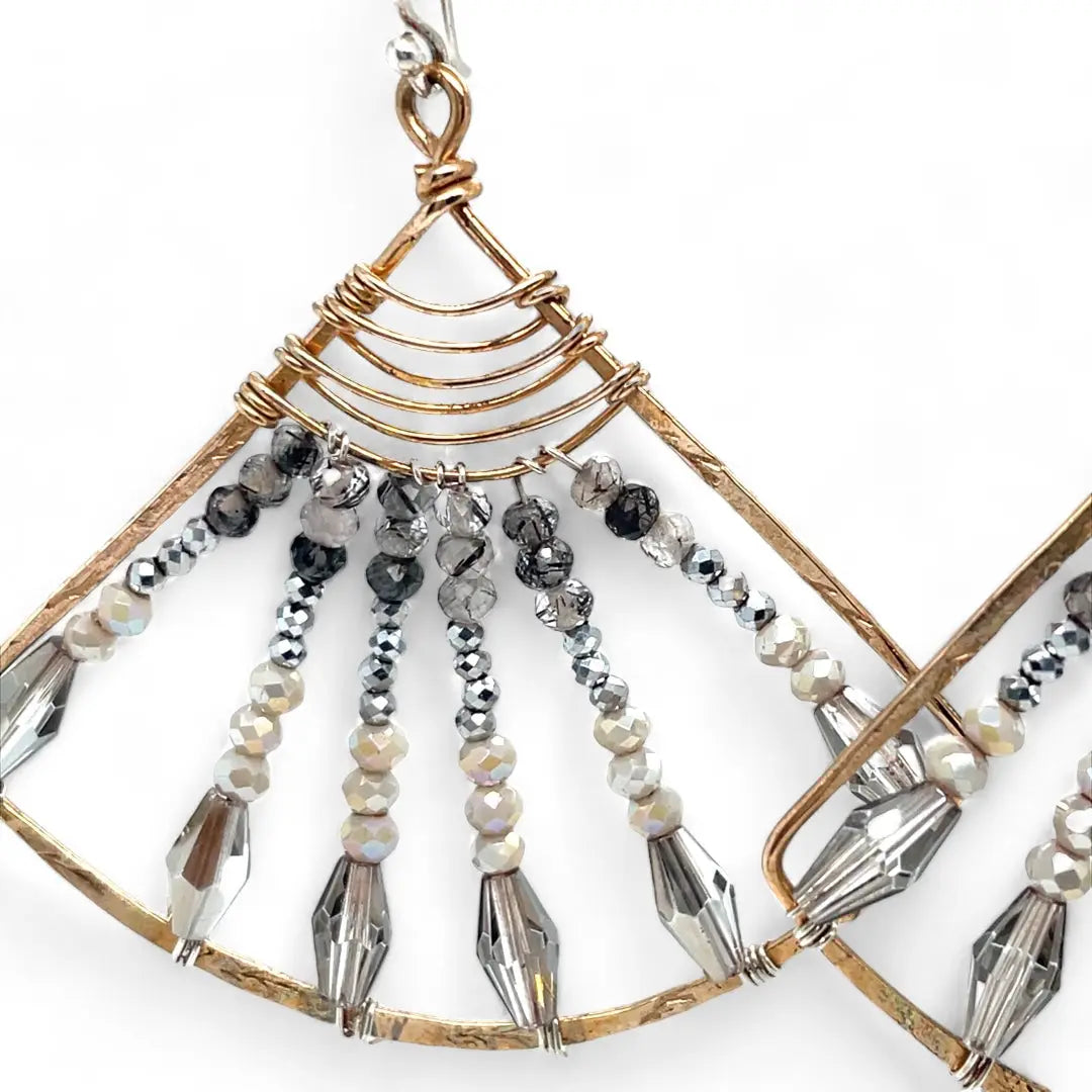 Handmade bronze large fan earrings striped with grey crystal, pyrite, and tourmalinated quartz gemstones
