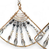 Handmade bronze large fan earrings striped with grey crystal, pyrite, and tourmalinated quartz gemstones