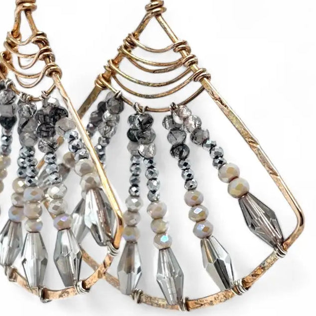 Handmade bronze large fan earrings striped with grey crystal, pyrite, and tourmalinated quartz gemstones