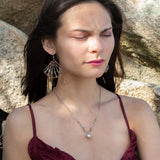 Handmade bronze large fan earrings striped with grey crystal, pyrite, and tourmalinated quartz gemstones