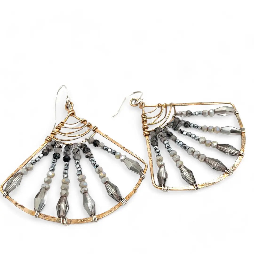 Handmade bronze large fan earrings striped with grey crystal, pyrite, and tourmalinated quartz gemstones