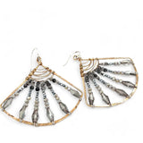 Handmade bronze large fan earrings striped with grey crystal, pyrite, and tourmalinated quartz gemstones