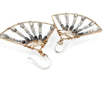 Handmade bronze large fan earrings striped with grey crystal, pyrite, and tourmalinated quartz gemstones