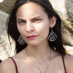 Handmade bronze large fan earrings striped with grey crystal, pyrite, and tourmalinated quartz gemstones