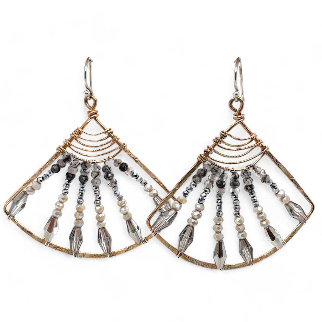 Handmade bronze large fan earrings striped with grey crystal, pyrite, and tourmalinated quartz gemstones