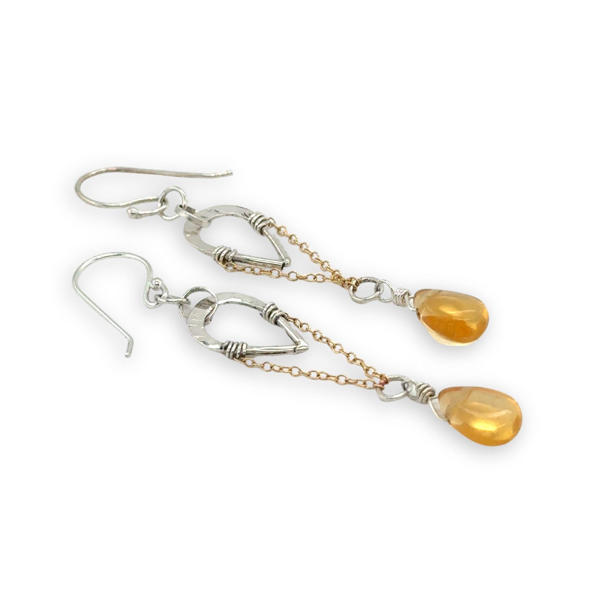 Hammered sterling silver mini teardrops with gold filled chain and smooth citrine gemstone drop earrings