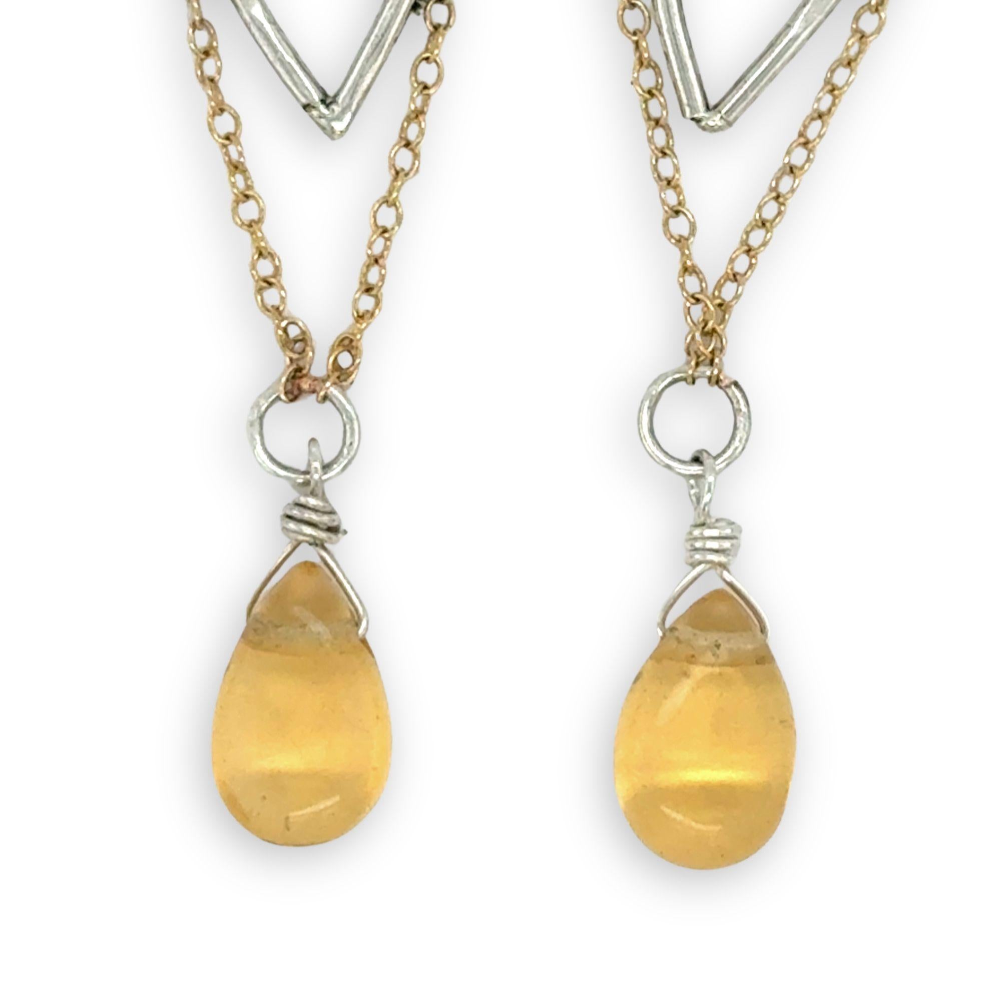 Hammered sterling silver mini teardrops with gold filled chain and smooth citrine gemstone drop earrings