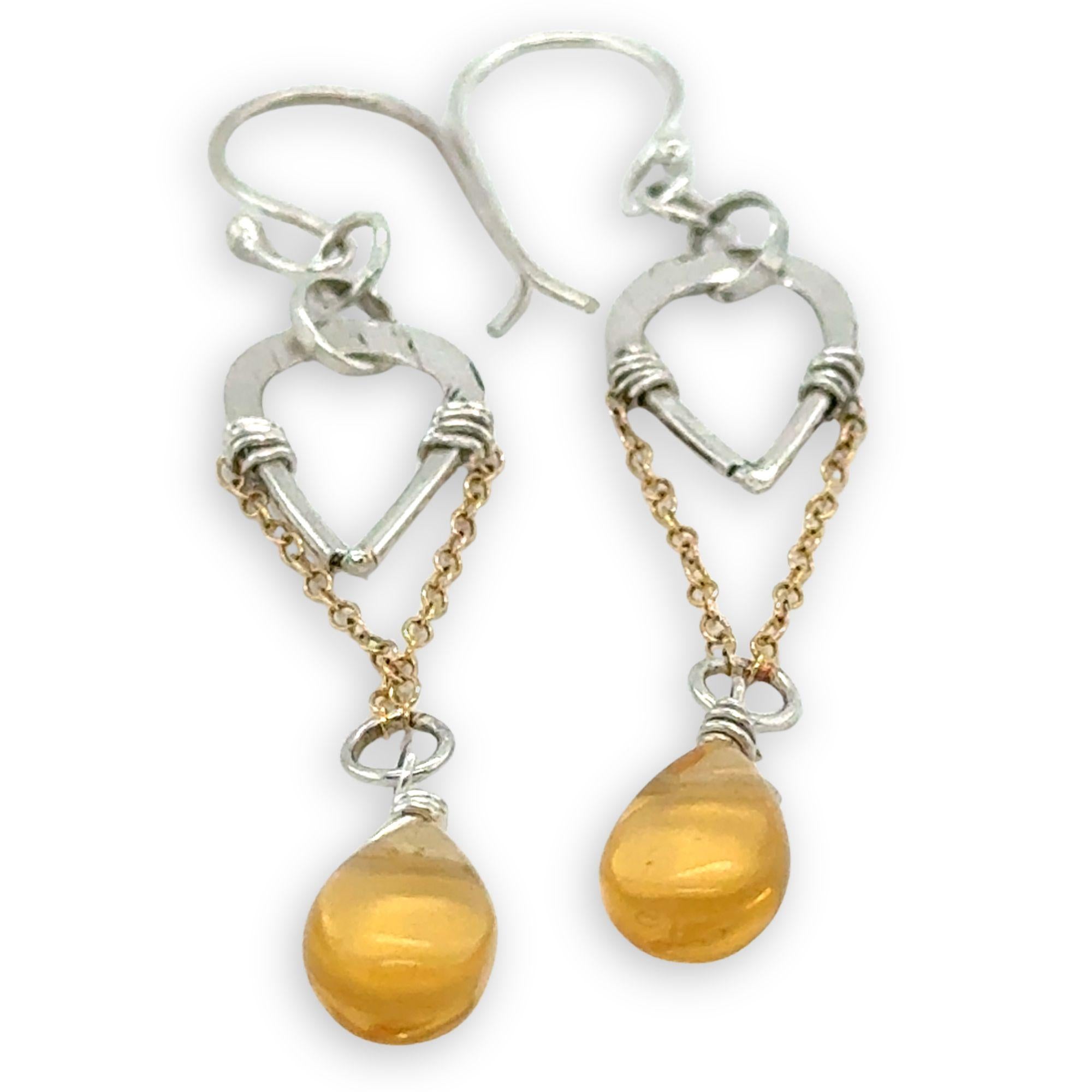 Hammered sterling silver mini teardrops with gold filled chain and smooth citrine gemstone drop earrings