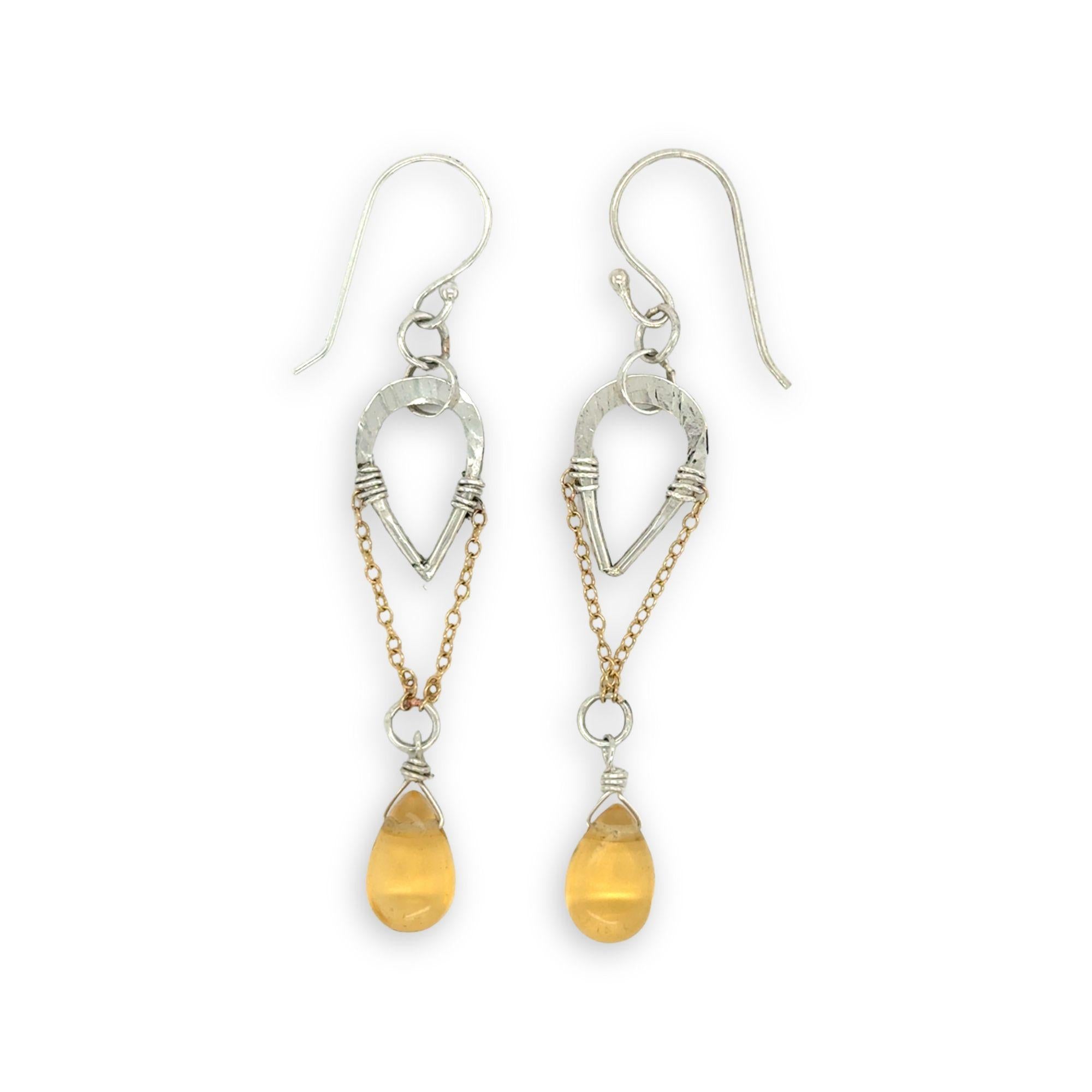 Hammered sterling silver mini teardrops with gold filled chain and smooth citrine gemstone drop earrings