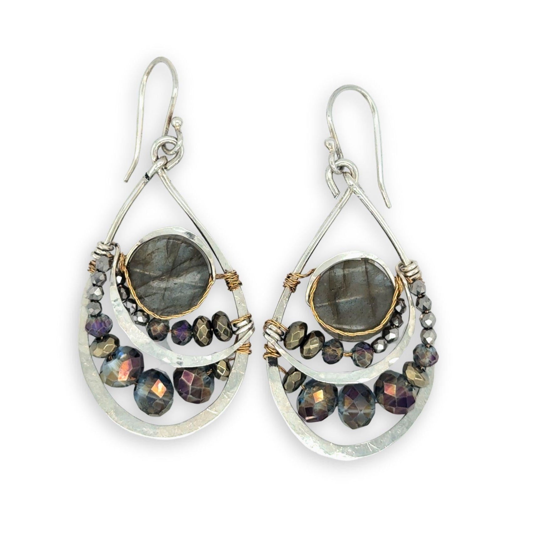 Smooth labradorite flashy gemstones surrounded by pyrite and blue purple crystals wrapped in brass twist on sterling silver drop earrings
