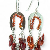 Sterling silver shimmy mini earrings with red keshi fresh water pearl dangles and red/orange cubic zirconia