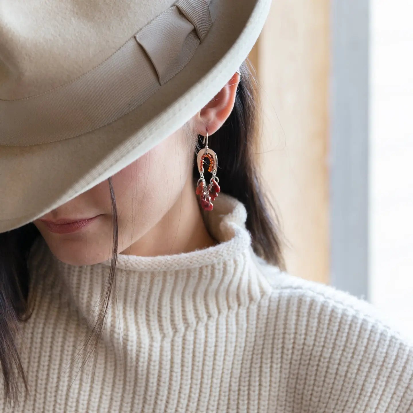 Sterling silver shimmy mini earrings with red keshi fresh water pearl dangles and red/orange cubic zirconia