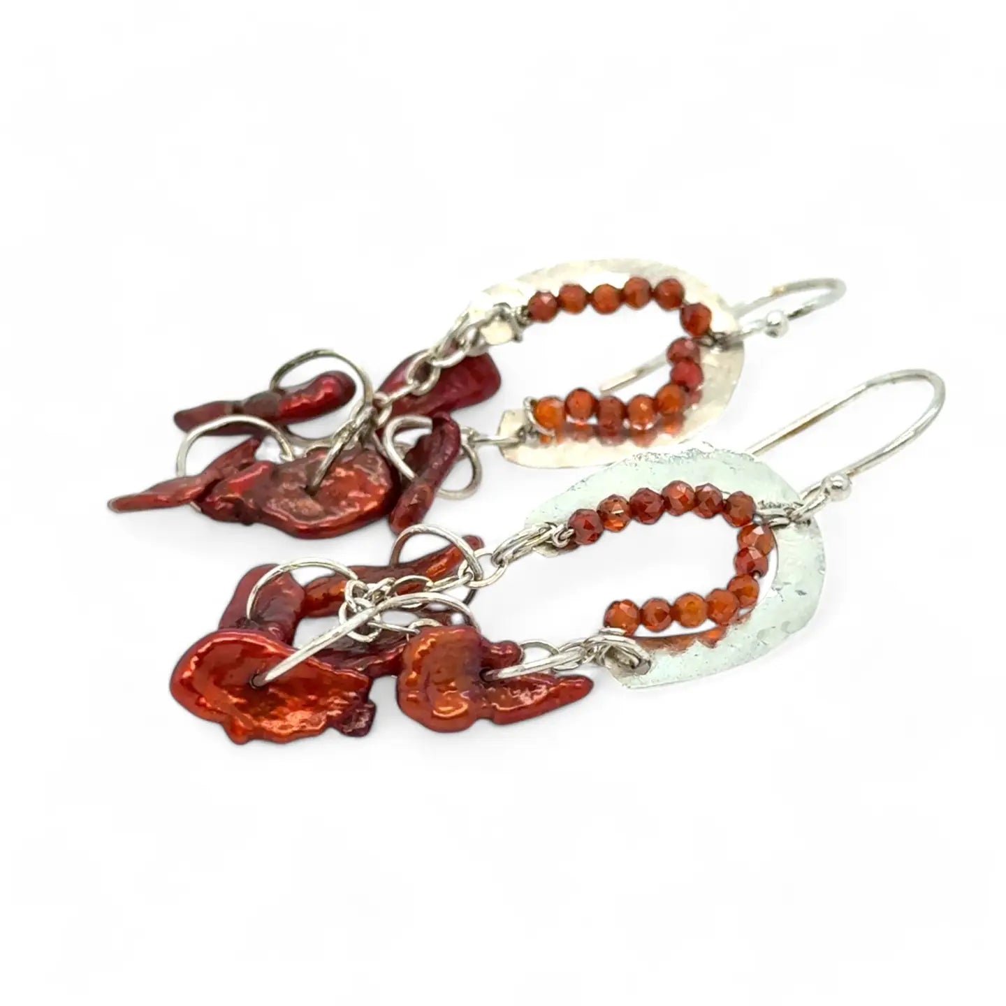 Sterling silver shimmy mini earrings with red keshi fresh water pearl dangles and red/orange cubic zirconia