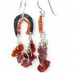 Sterling silver shimmy mini earrings with red keshi fresh water pearl dangles and red/orange cubic zirconia