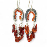 Sterling silver shimmy mini earrings with red keshi fresh water pearl dangles and red/orange cubic zirconia