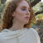 Pair of sterling silver statement earrings with fresh water pearl coins held in gold filled and brass twist wires