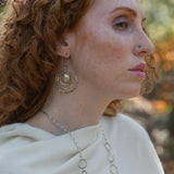 Pair of sterling silver statement earrings with fresh water pearl coins held in gold filled and brass twist wires