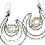 Pair of sterling silver statement earrings with fresh water pearl coins held in gold filled and brass twist wires