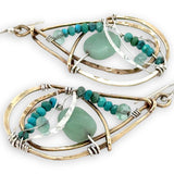 Handmade brass intertwined brass drop earrings with hammered sterling silver, jade, green amethyst, and turquoise gemstones