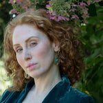 Handmade brass intertwined brass drop earrings with hammered sterling silver, jade, green amethyst, and turquoise gemstones