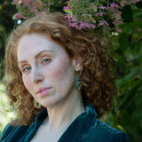 Handmade brass intertwined brass drop earrings with hammered sterling silver, jade, green amethyst, and turquoise gemstones