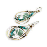 Handmade brass intertwined brass drop earrings with hammered sterling silver, jade, green amethyst, and turquoise gemstones
