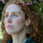 Handmade brass intertwined brass drop earrings with hammered sterling silver, jade, green amethyst, and turquoise gemstones