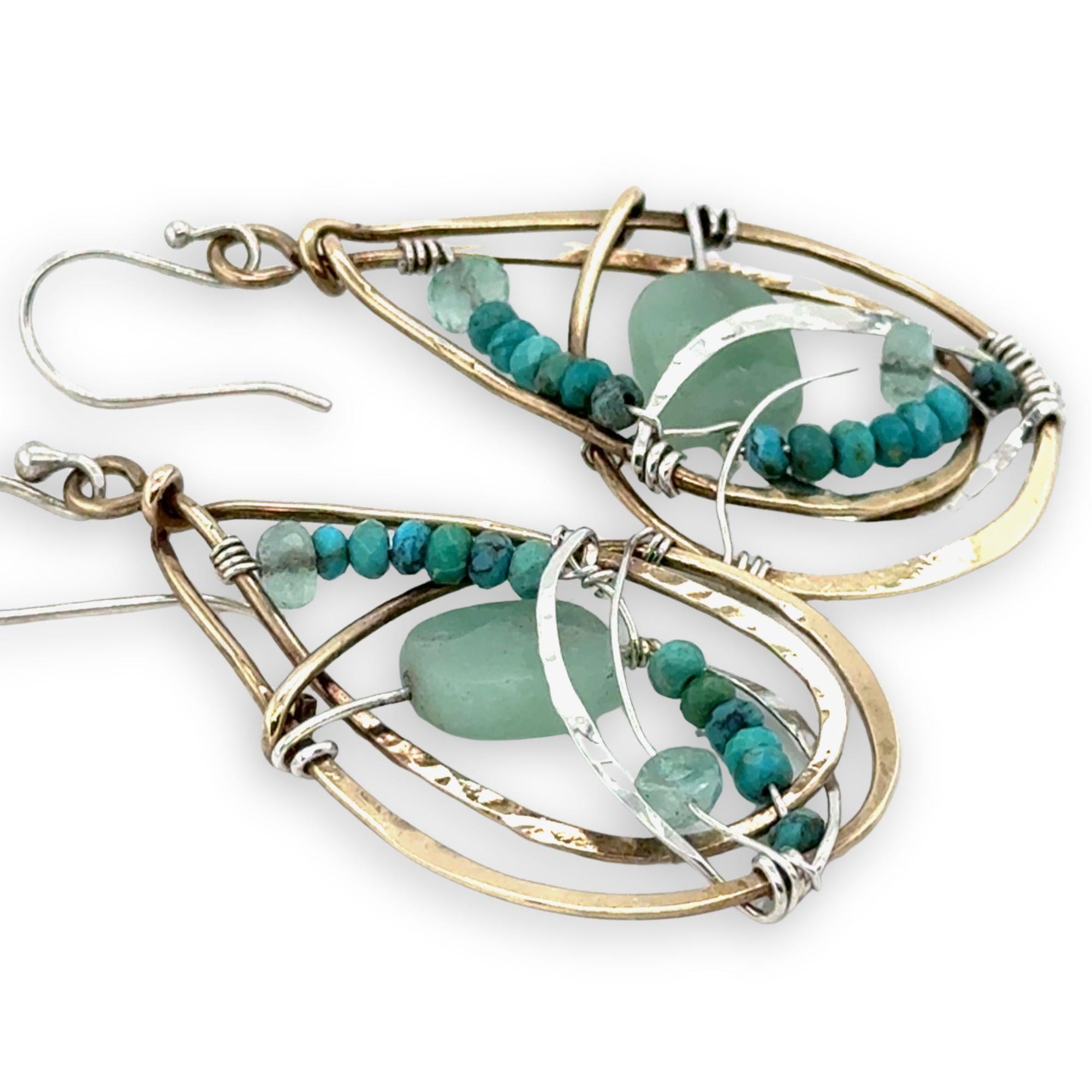Handmade brass intertwined brass drop earrings with hammered sterling silver, jade, green amethyst, and turquoise gemstones