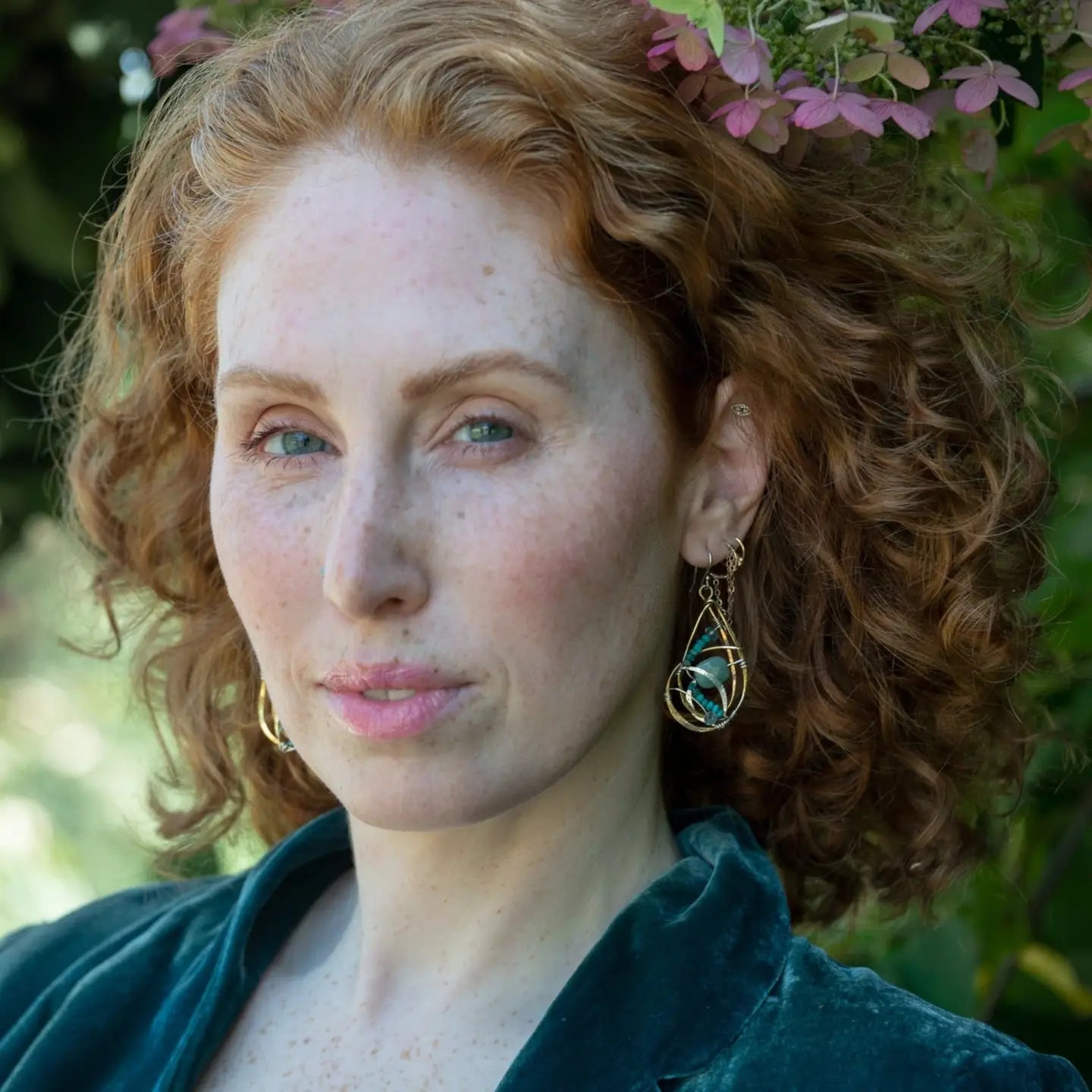 Handmade brass intertwined brass drop earrings with hammered sterling silver, jade, green amethyst, and turquoise gemstones