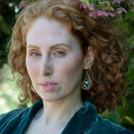 Handmade brass intertwined brass drop earrings with hammered sterling silver, jade, green amethyst, and turquoise gemstones