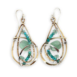 Handmade brass intertwined brass drop earrings with hammered sterling silver, jade, green amethyst, and turquoise gemstones