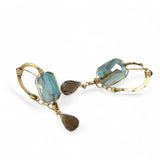 Muted moss green crystal tile built into a brass arch earring wrapped in gold filled wire with a smokey quartz faceted drop dangle and built in gold filled earring hooks that wear like a post earring