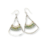 Large sterling silver fan shaped earrings decorated with gaspeite and jade faceted gemstones, brass wire, and sterling silver twist wire
