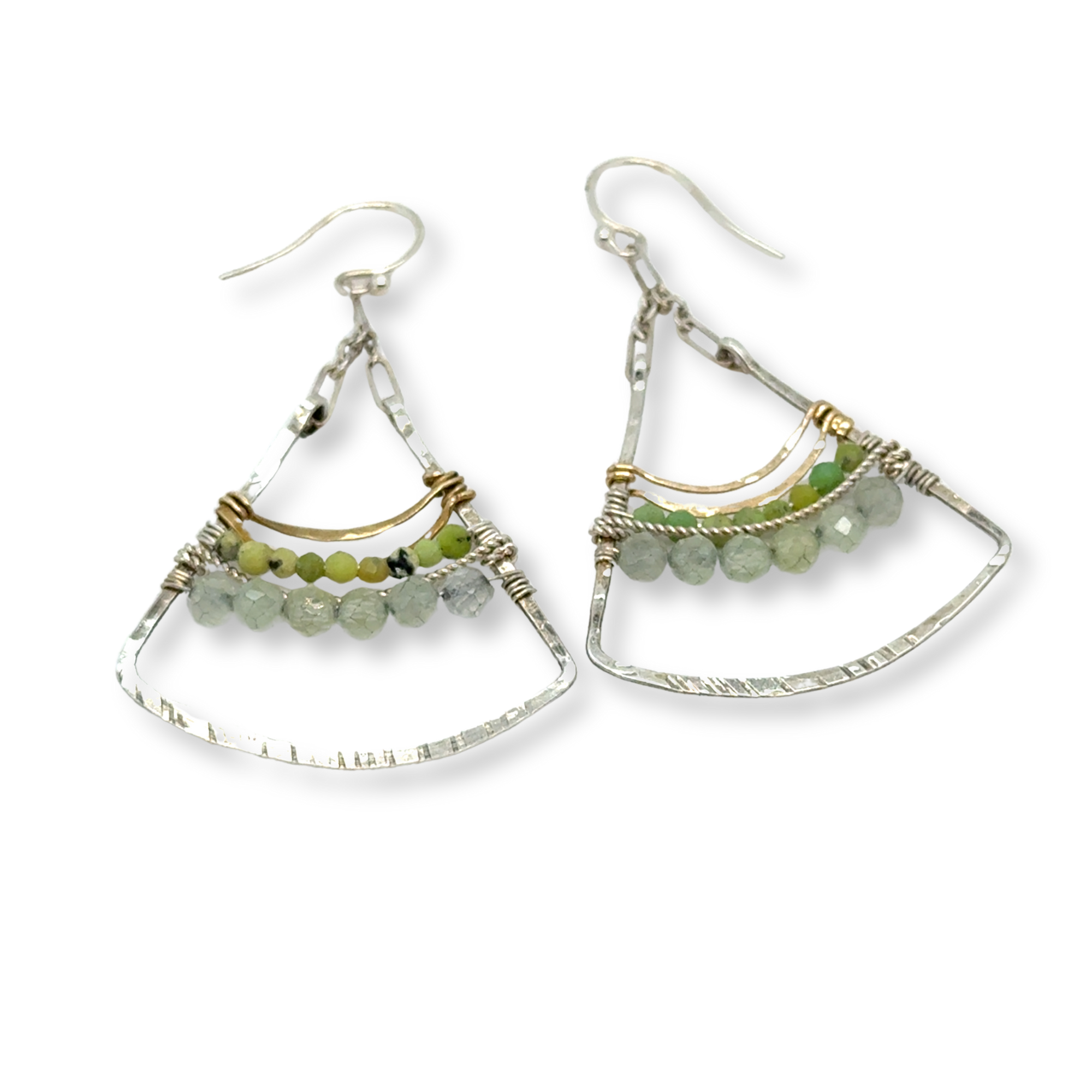 Large sterling silver fan shaped earrings decorated with gaspeite and jade faceted gemstones, brass wire, and sterling silver twist wire