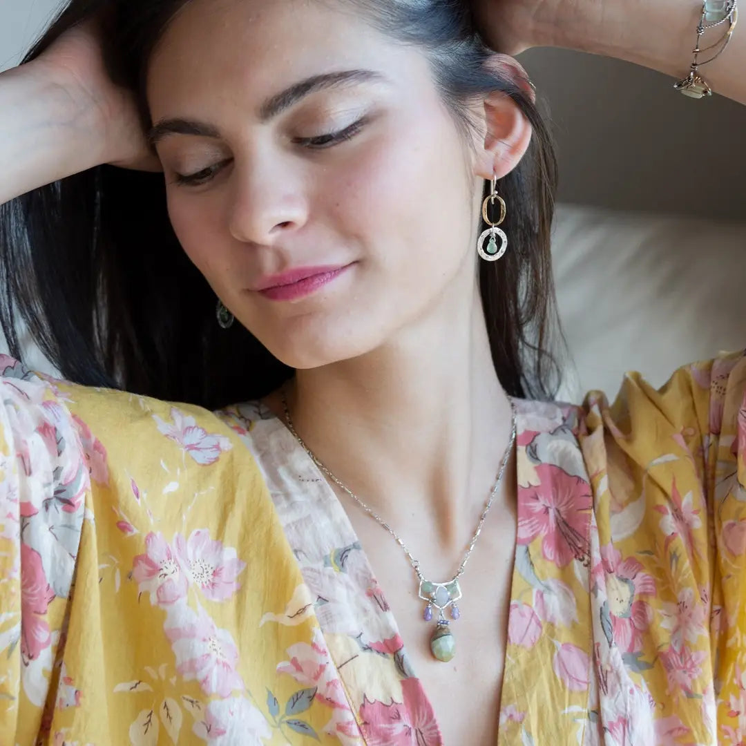 Striped green blue agate drop and lavender cubic zirconia drops hang from a hammered sterling silver mini pendant containing moontstone and prehnite gemstones on a sterling silver tube chain necklace