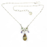 Striped green blue agate drop and lavender cubic zirconia drops hang from a hammered sterling silver mini pendant containing moontstone and prehnite gemstones on a sterling silver tube chain necklace