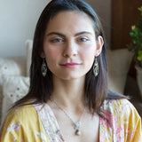 Striped green blue agate drop and lavender cubic zirconia drops hang from a hammered sterling silver mini pendant containing moontstone and prehnite gemstones on a sterling silver tube chain necklace