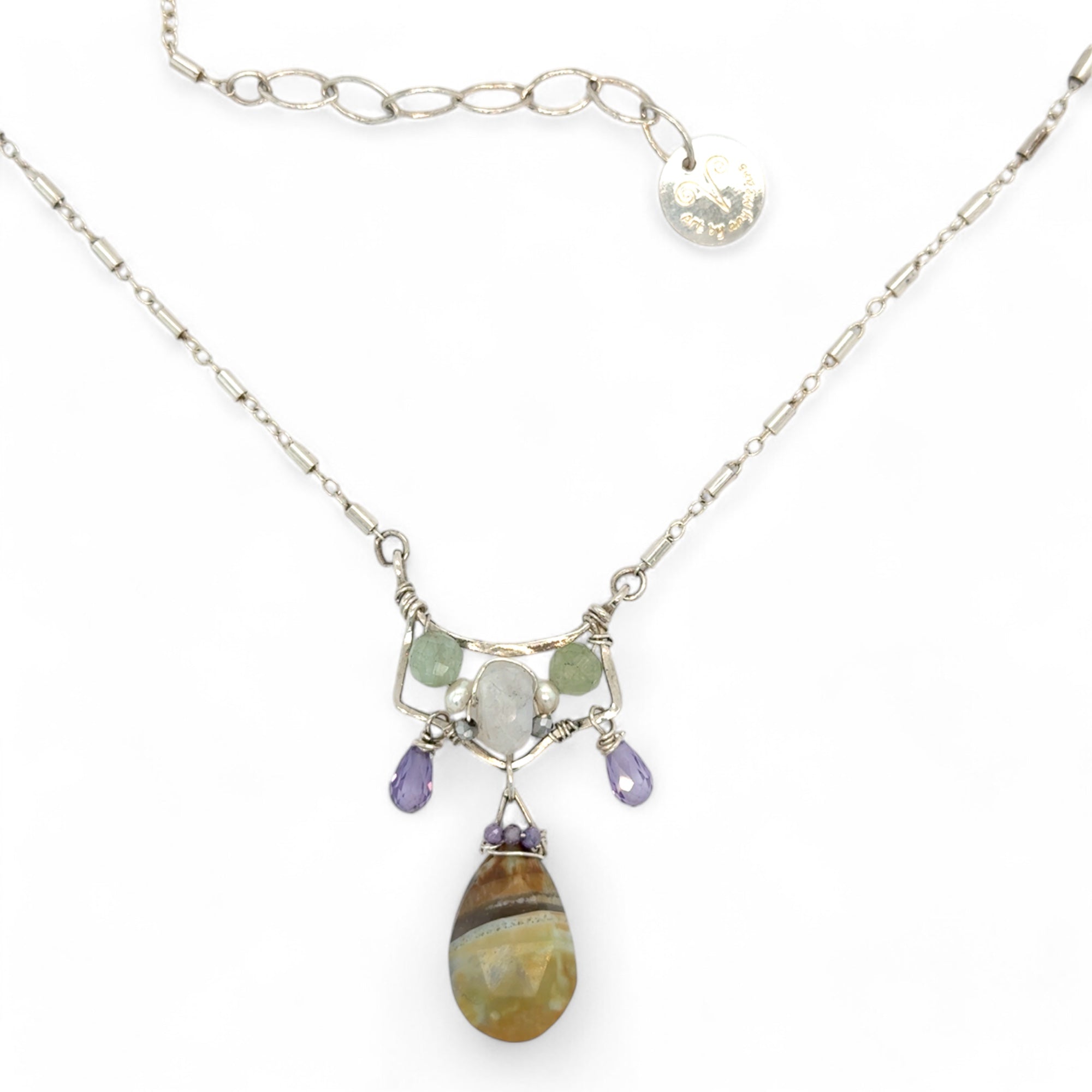Striped green blue agate drop and lavender cubic zirconia drops hang from a hammered sterling silver mini pendant containing moontstone and prehnite gemstones on a sterling silver tube chain necklace