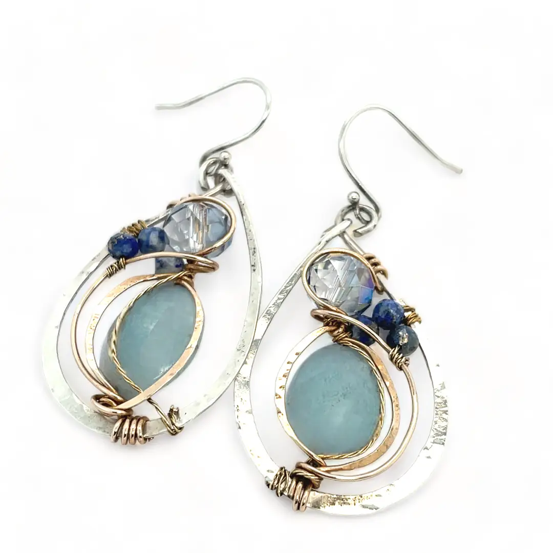 Handmade sterling silver drop earrings with smooth amazonite oval gemstones with blue crystal and lapis accents in bronze wire
