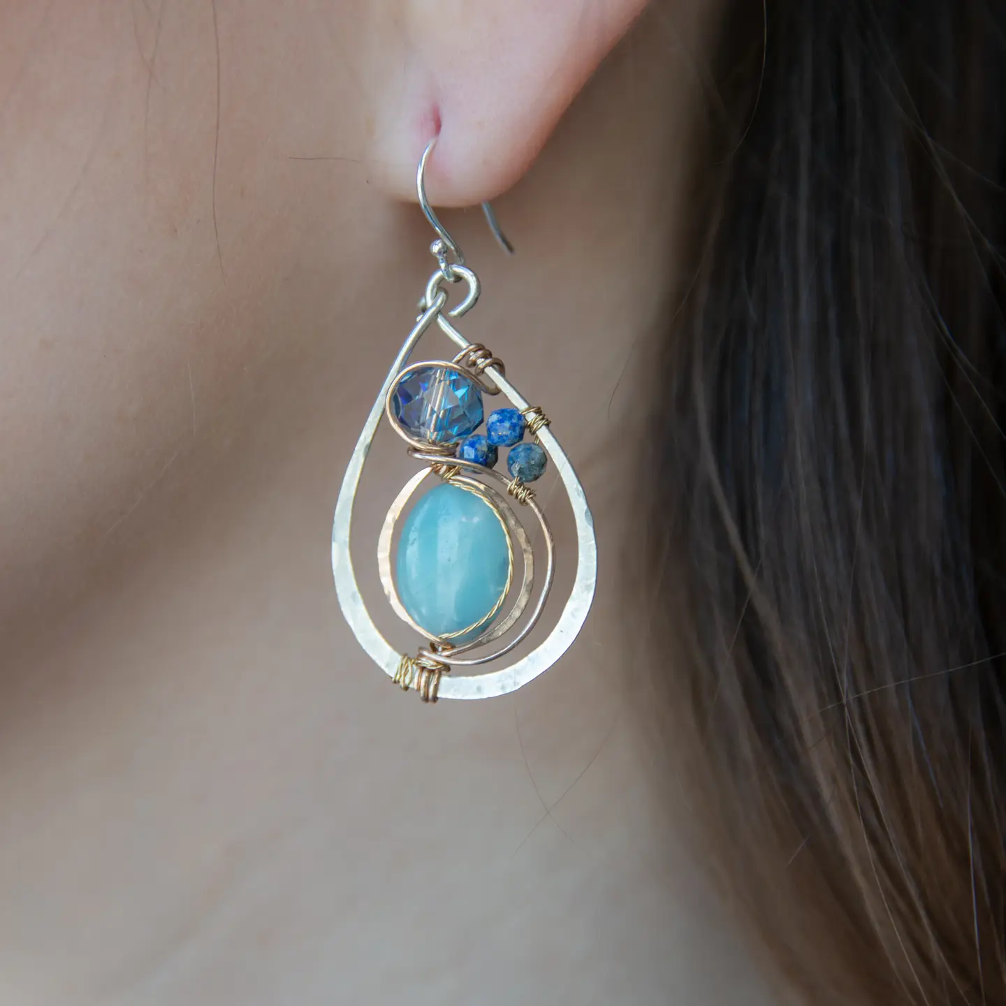 Handmade sterling silver drop earrings with smooth amazonite oval gemstones with blue crystal and lapis accents in bronze wire