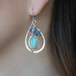 Handmade sterling silver drop earrings with smooth amazonite oval gemstones with blue crystal and lapis accents in bronze wire